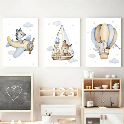 Cute nursery wall art for boys featuring animals in an airplane, sailboat, and hot air balloon