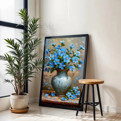Beautiful orchid canvas wall art featuring a vase of blue flowers and a plant in a modern room