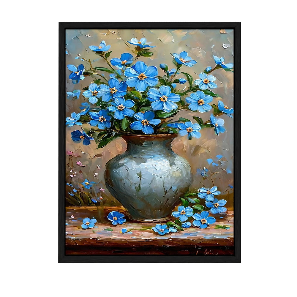 Beautiful orchid canvas wall art featuring a vibrant vase of blue flowers on a textured background