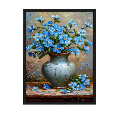 Beautiful orchid canvas wall art featuring a vibrant vase of blue flowers on a textured background