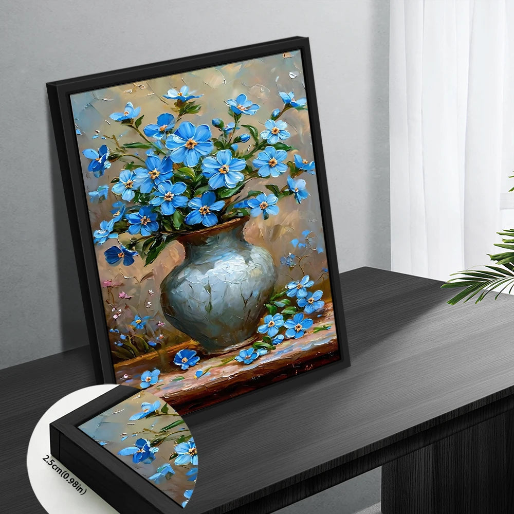Orchid canvas wall art featuring vibrant blue flowers in a vase for home decor