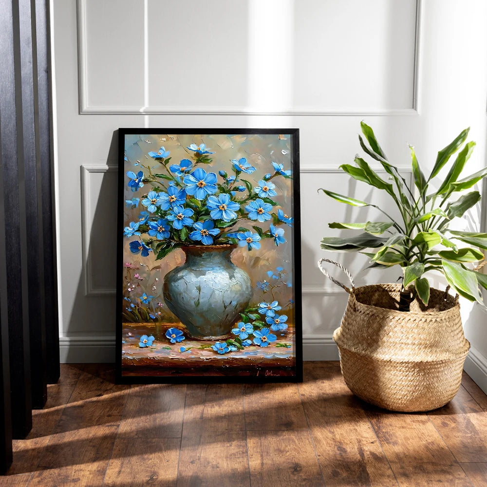 Nutshell orchid canvas wall art featuring vibrant blue flowers in a decorative vase