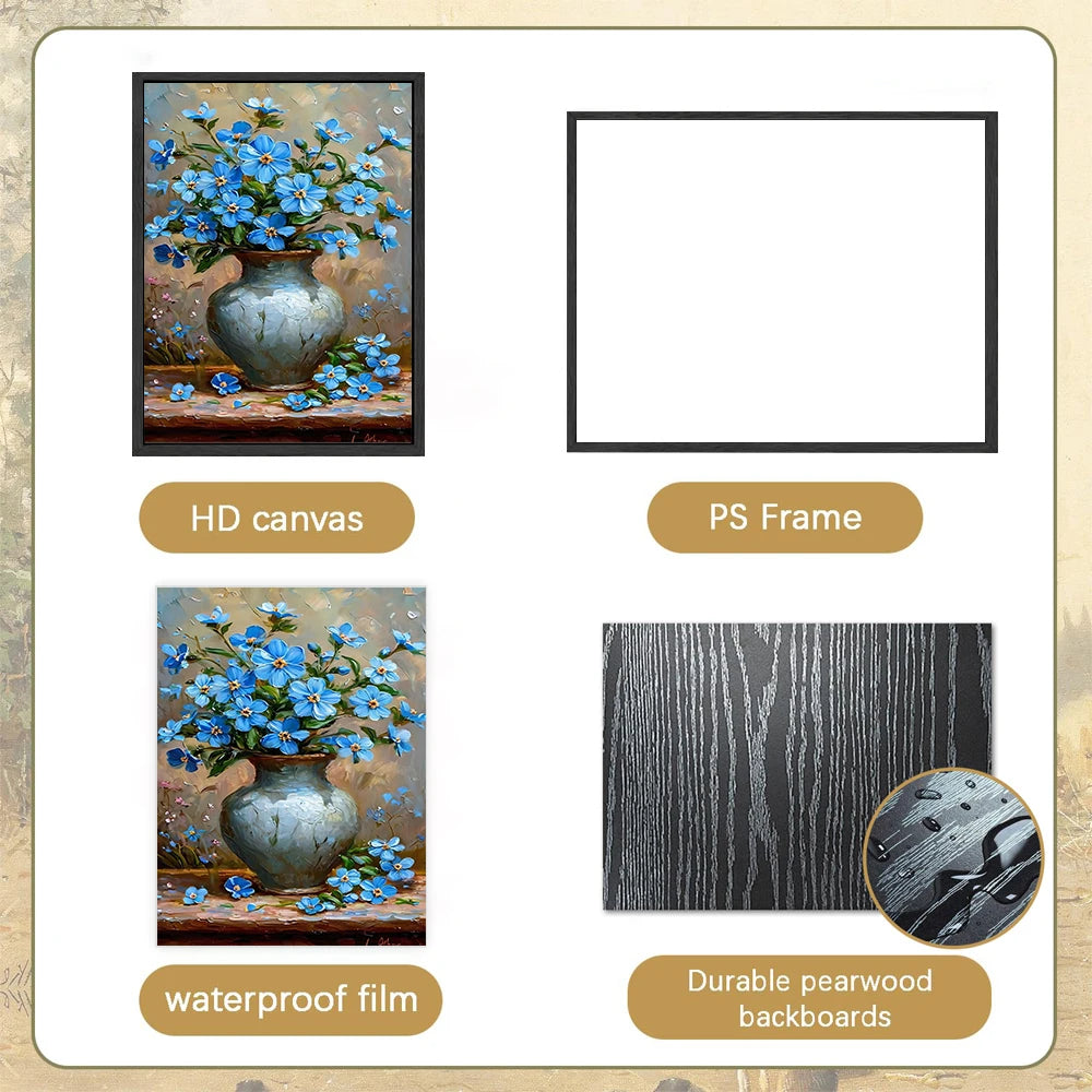 Nutshell orchid canvas wall art in a decorative vase with vibrant blue flowers on HD canvas