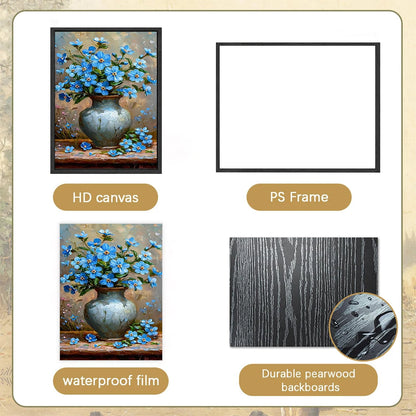 Nutshell orchid canvas wall art in a decorative vase with vibrant blue flowers on HD canvas