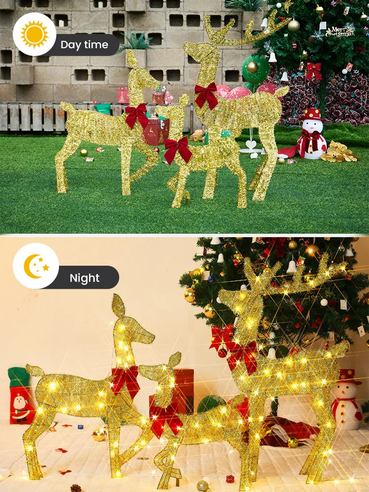 Nutshell outdoor Christmas deer decorations in gold glitter, illuminated for a festive holiday display