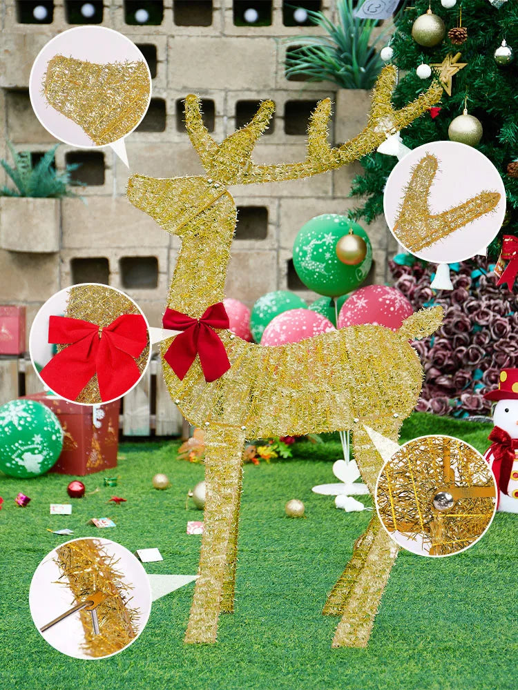 Gold outdoor Christmas deer decorations with a red bow, perfect for festive holiday displays