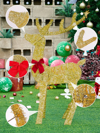 Gold outdoor Christmas deer decorations with a red bow, perfect for festive holiday displays