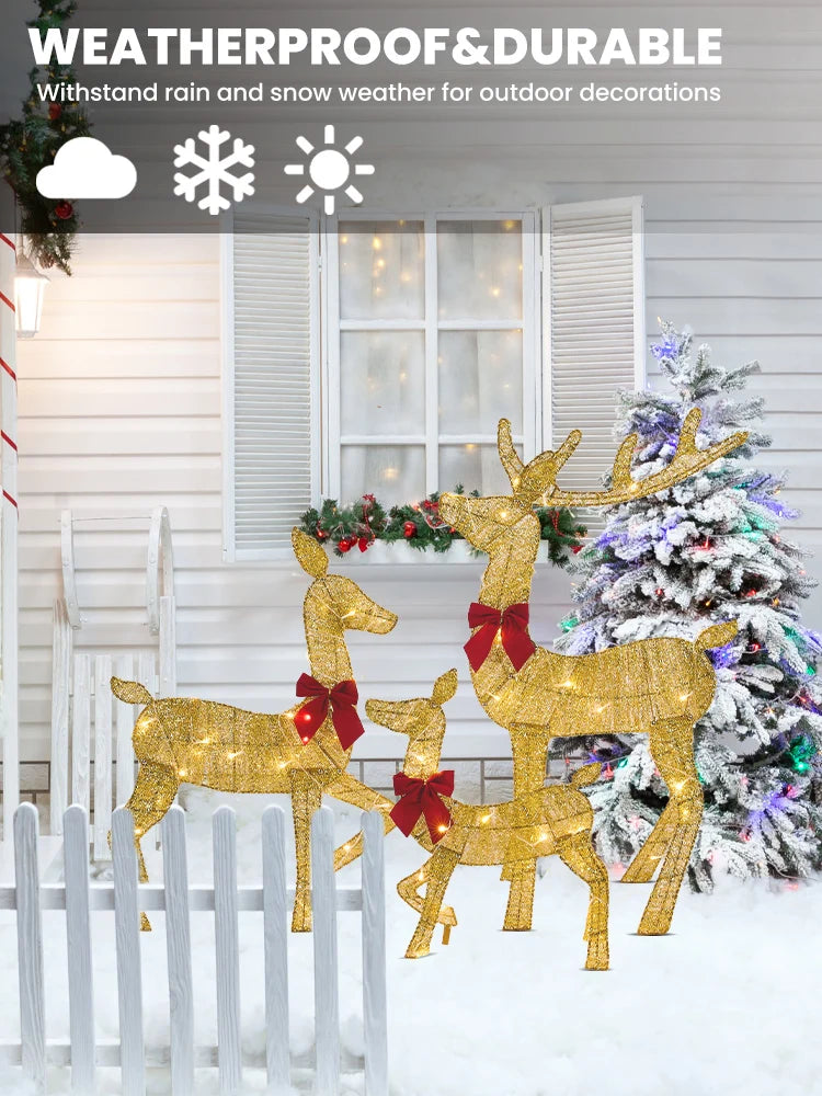 Nutshell outdoor Christmas deer decorations in festive gold with red bows, designed for winter weather.