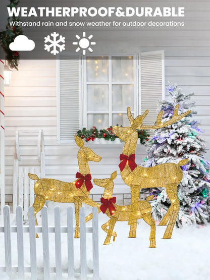 Nutshell outdoor Christmas deer decorations in festive gold with red bows, designed for winter weather.