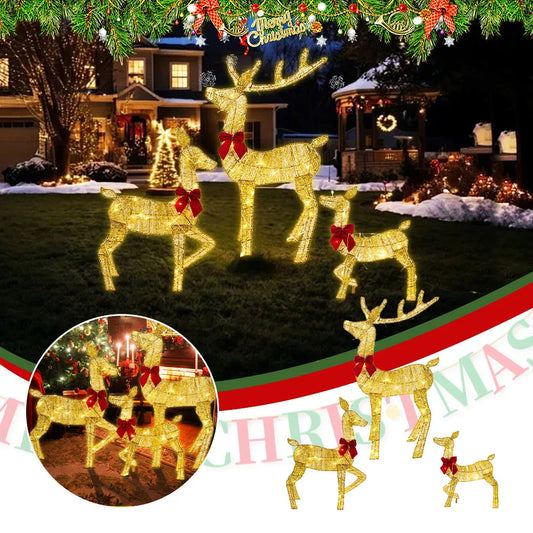 Nutshell outdoor Christmas deer decorations illuminated with bows for festive outdoor displays