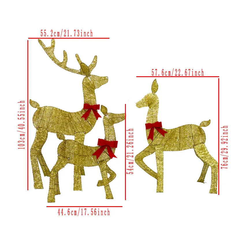 Outdoor Christmas deer decorations in gold with red bows, perfect for festive yard displays