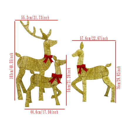 Outdoor Christmas deer decorations in gold with red bows, perfect for festive yard displays