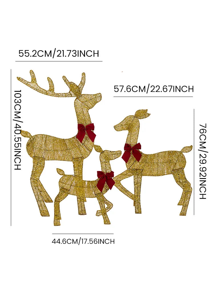 Outdoor Christmas deer decorations set featuring three golden reindeer with red bows