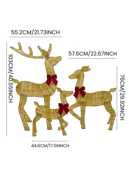 Outdoor Christmas deer decorations set featuring three golden reindeer with red bows