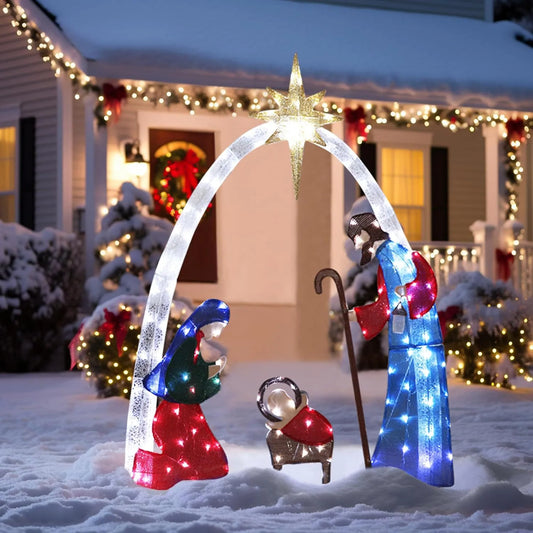 Outdoor lighted Christmas decorations featuring a nativity scene with vibrant lights for festive outdoor displays