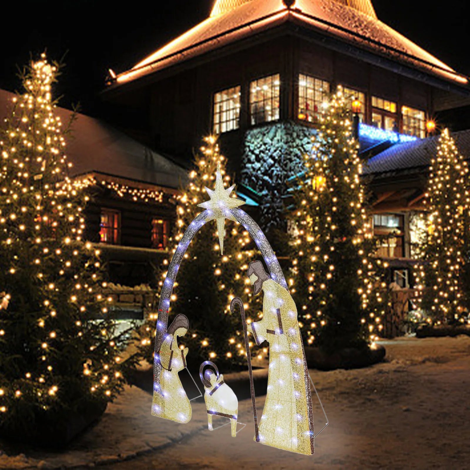 Nutshell outdoor lighted Christmas decorations featuring a nativity scene with bright festive lights