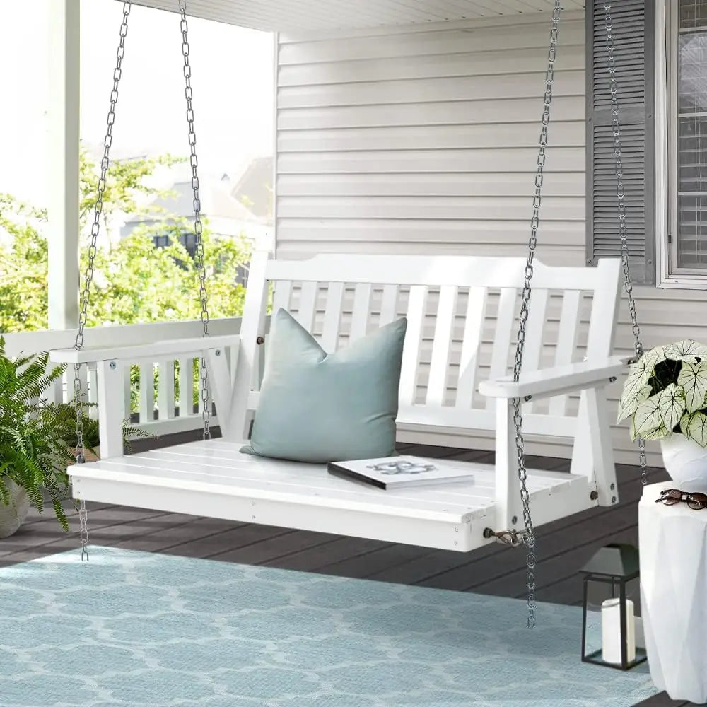 Nutshell Outdoor Porch Swing Chair in White with Comfy Cushions for Relaxing on Patios