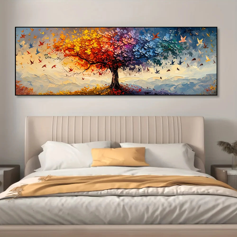 Oversized tree of life canvas art featuring a vibrant tree with colorful leaves and birds on a scenic background