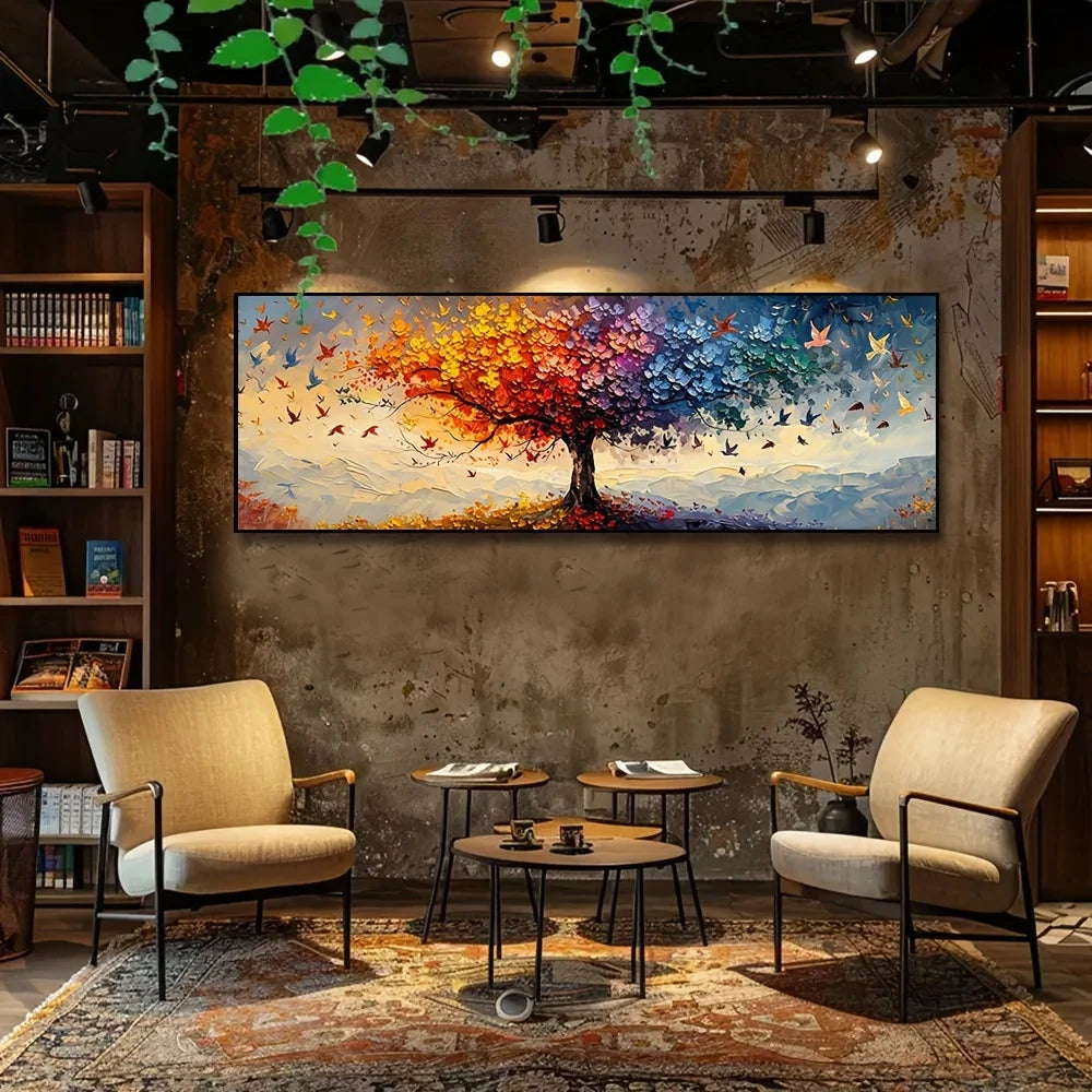 Oversized tree of life canvas art with vibrant colors and birds in a modern living room setting