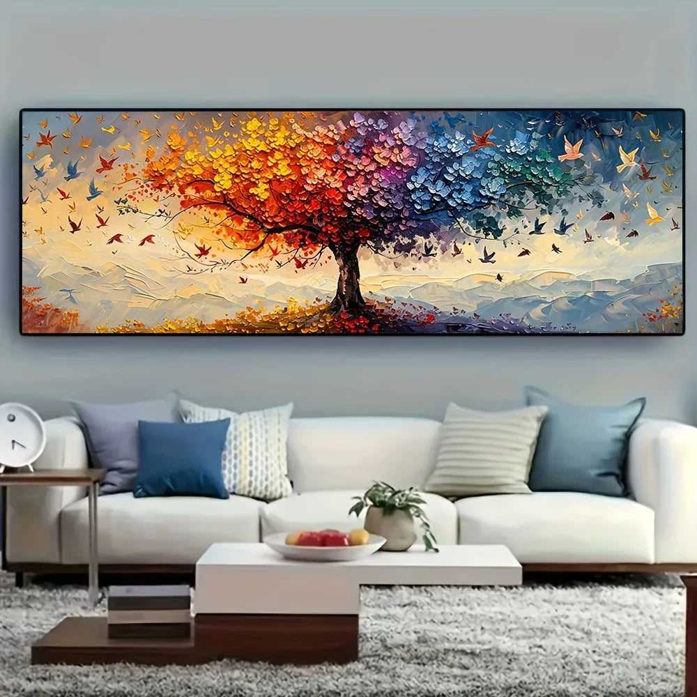 Oversized tree of life canvas art featuring vibrant colors and abstract leaves above a serene landscape