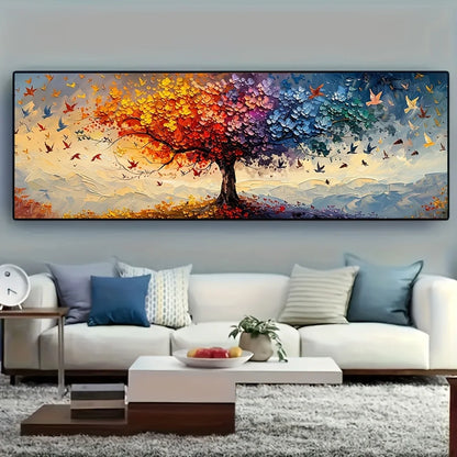 Oversized tree of life canvas art featuring vibrant colors and abstract leaves above a serene landscape