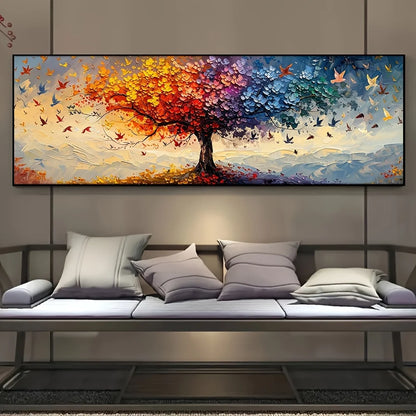 Oversized tree of life canvas art featuring a vibrant tree with colorful leaves and birds in a serene setting