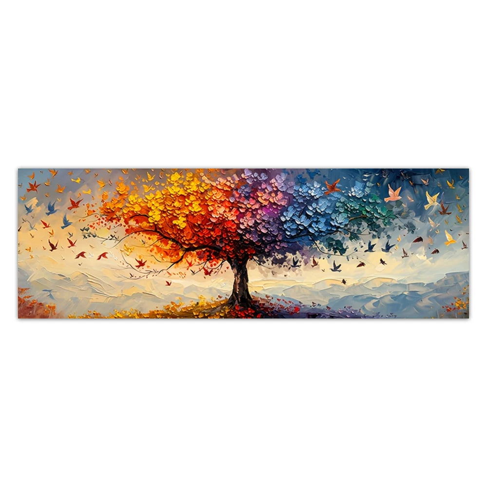 Oversized tree of life canvas art with vibrant colors and textured leaves depicting a beautiful natural scene