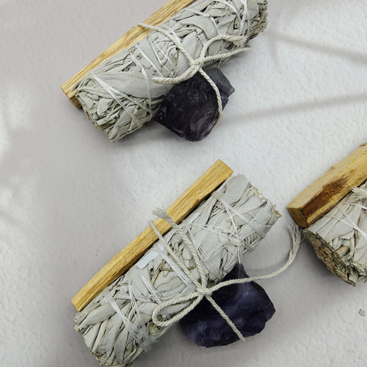 Palo Santo White Sage Crystal set with bundled sage and amethyst crystal pieces for spiritual cleansing