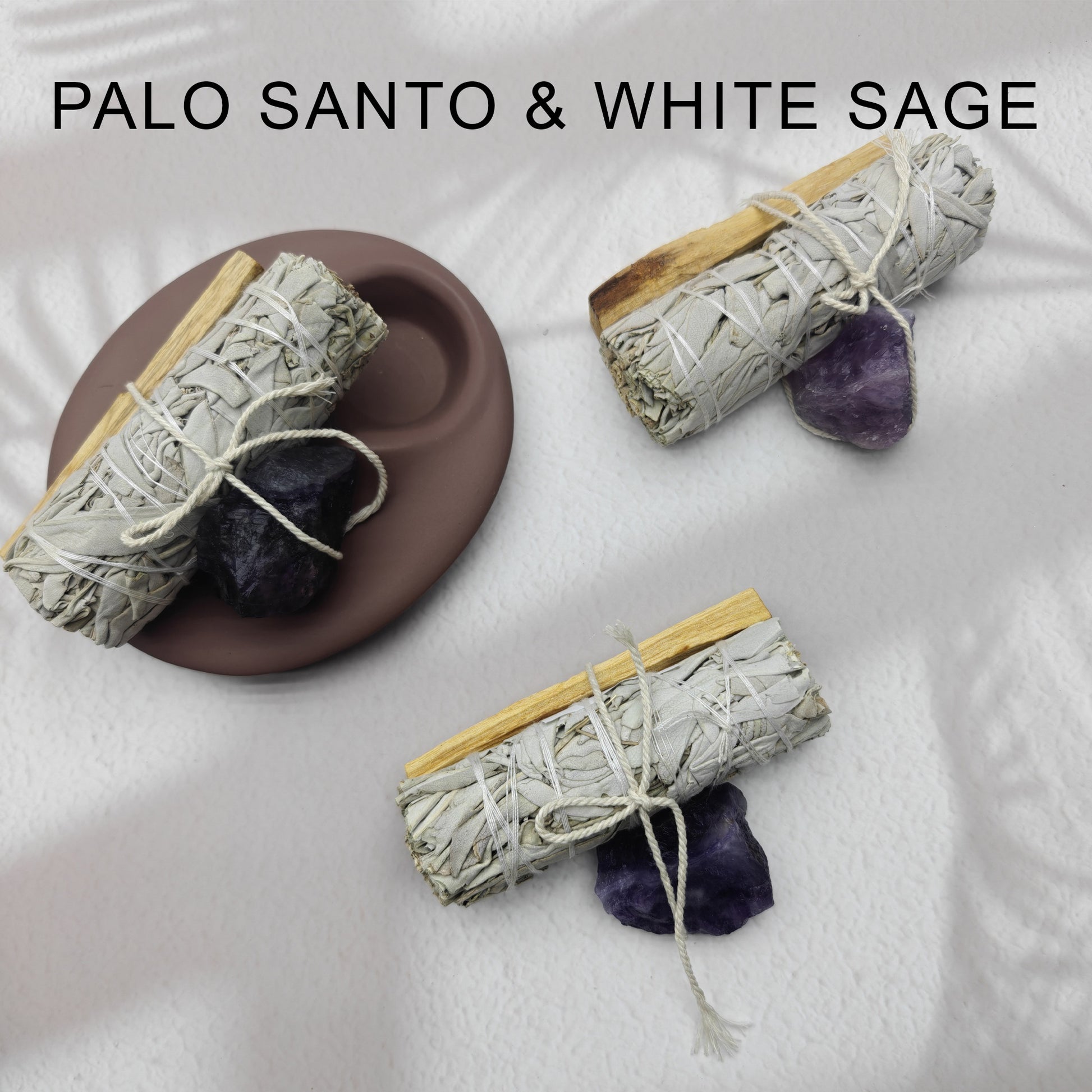 Palo Santo White Sage Crystal set featuring bundles tied with twine and crystals, ideal for cleansing spaces