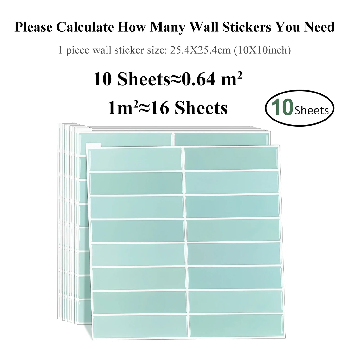 Nutshell mint green wall sticker sheets showing 10 sheets and sizing info DIY Backsplash Tiles