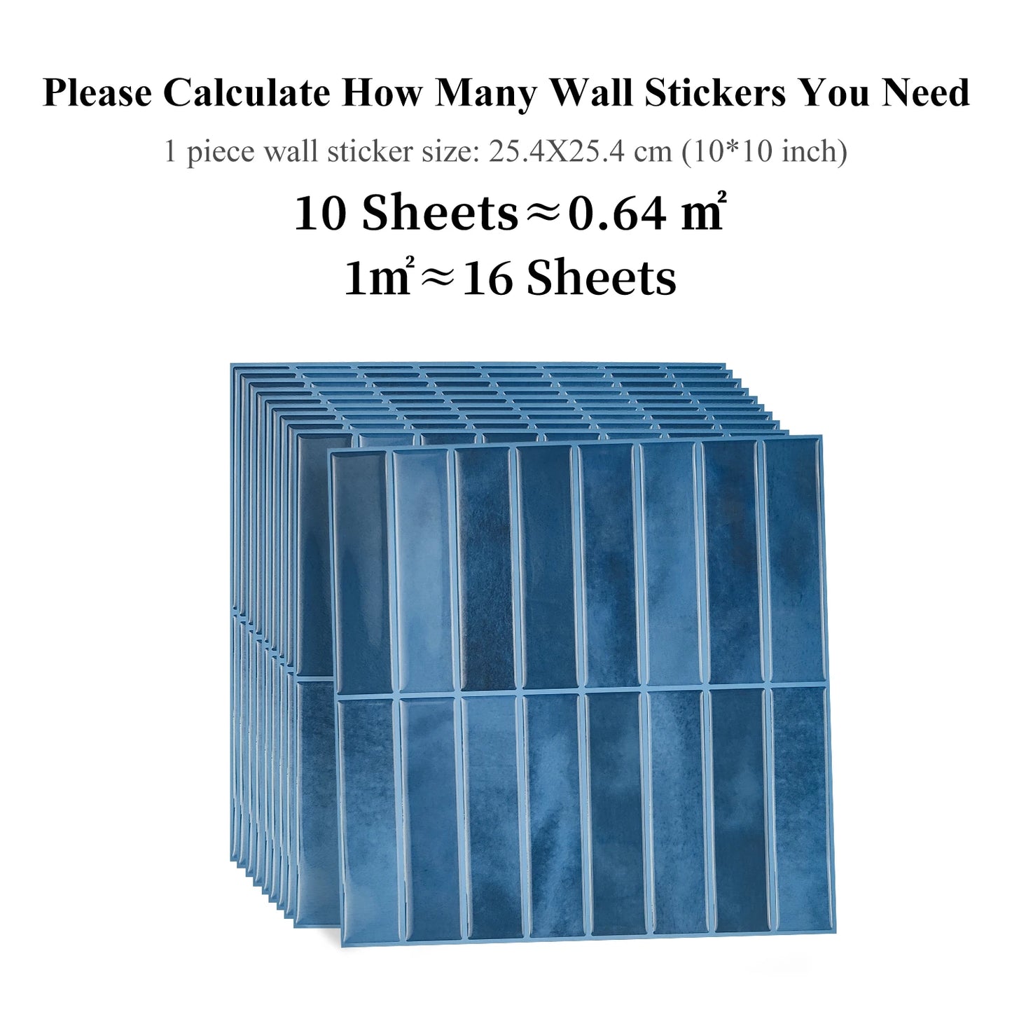Nutshell DIY Backsplash Tiles blue rectangular peel and stick wall sticker sheets stacked with sizing info