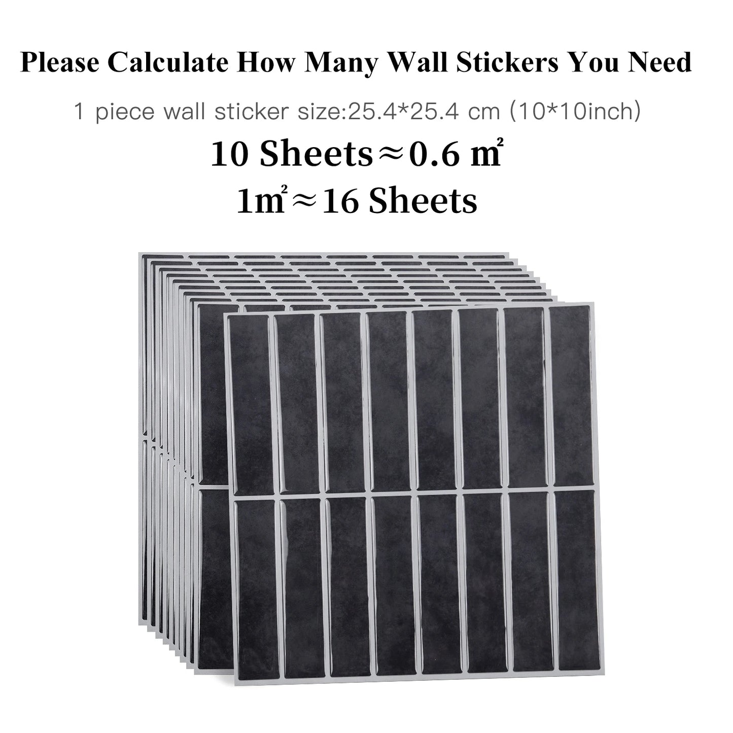 Nutshell DIY Backsplash Tiles black peel and stick wall sticker sheets stacked showing quantity and size information