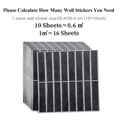 Nutshell DIY Backsplash Tiles black peel and stick wall sticker sheets stacked showing quantity and size information