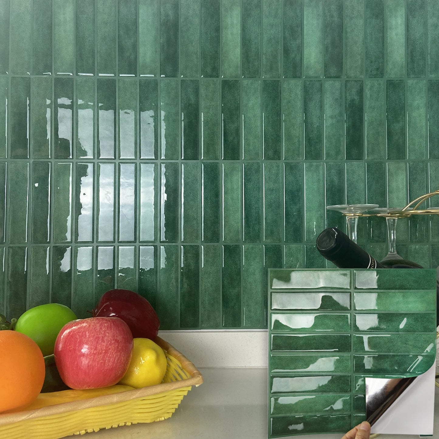 Nutshell green glossy vertical subway tiles kitchen backsplash with fruits on counter DIY Backsplash Tiles