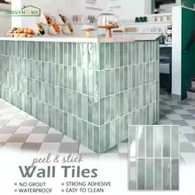 Nutshell peel and stick green subway DIY Backsplash Tiles on kitchen island for easy update