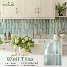 Kitchen sink and brass faucet with green vertical peel and stick DIY Backsplash Tiles by Nutshell