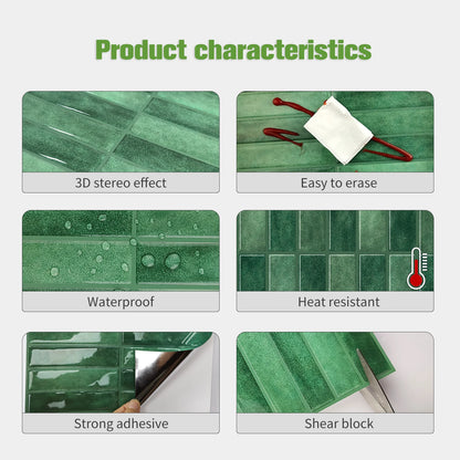 Nutshell DIY Backsplash Tiles green peel and stick sheets showing 3D texture waterproof heat resistant adhesive
