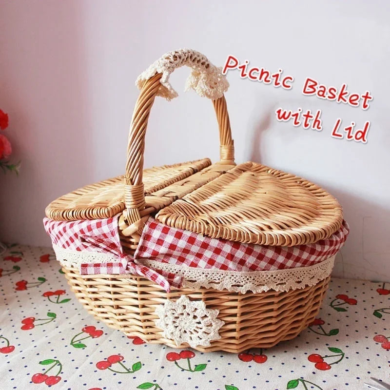 Stylish wicker Picnic Basket with Lid featuring a red and white checkered fabric trim