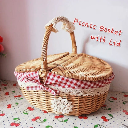 Stylish wicker Picnic Basket with Lid featuring a red and white checkered fabric trim