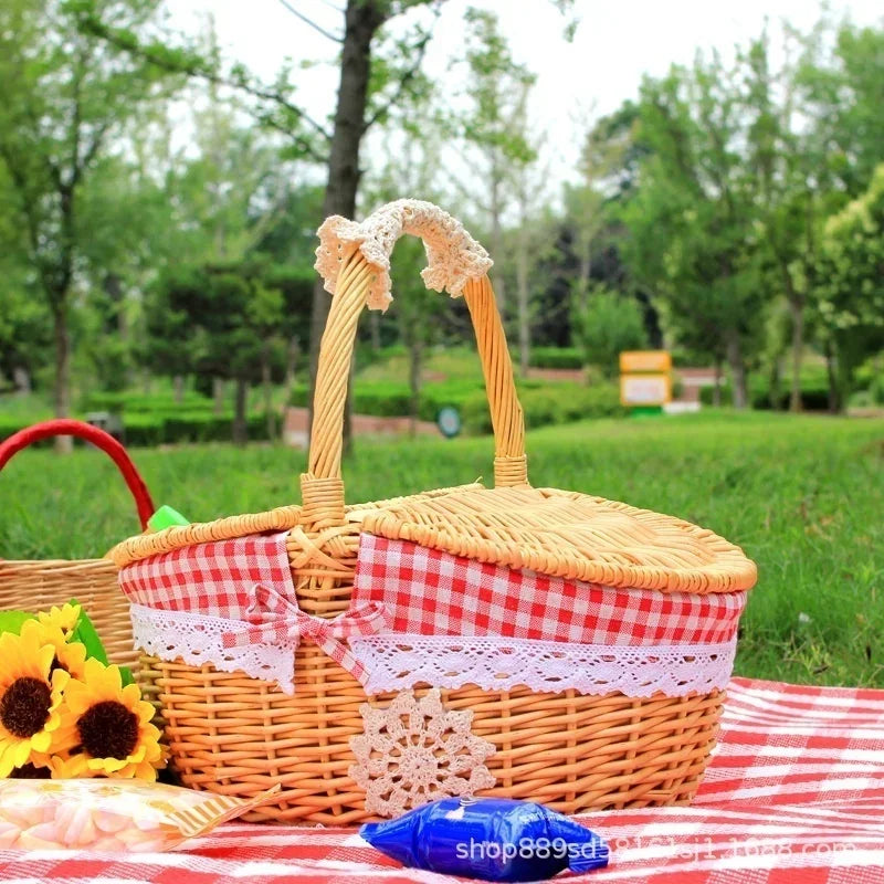Nutshell Picnic Basket with Lid featuring a checked pattern and elegant lace trim for outdoor dining