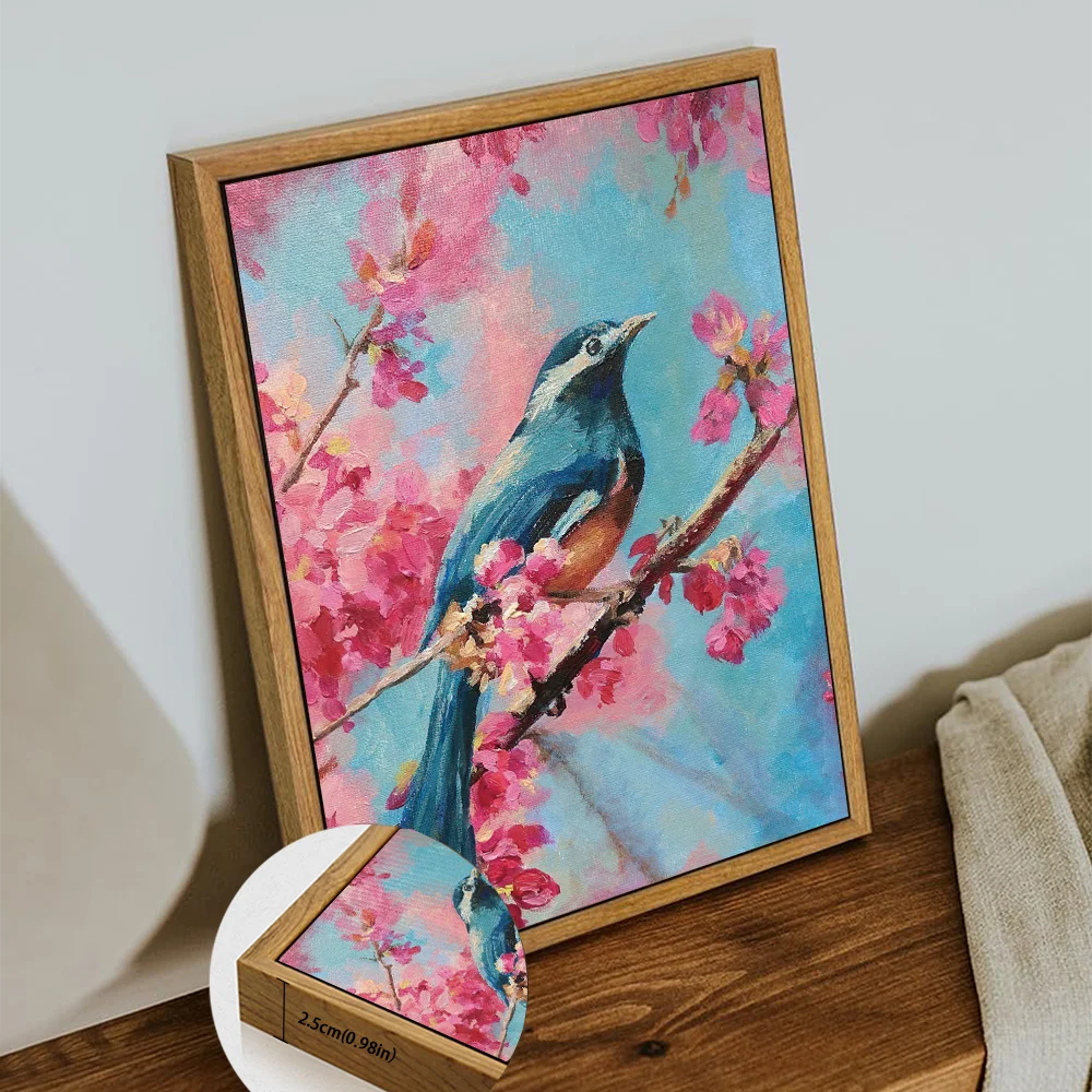 Pink bird decorative wall art featuring a blue bird perched among pink blossoms