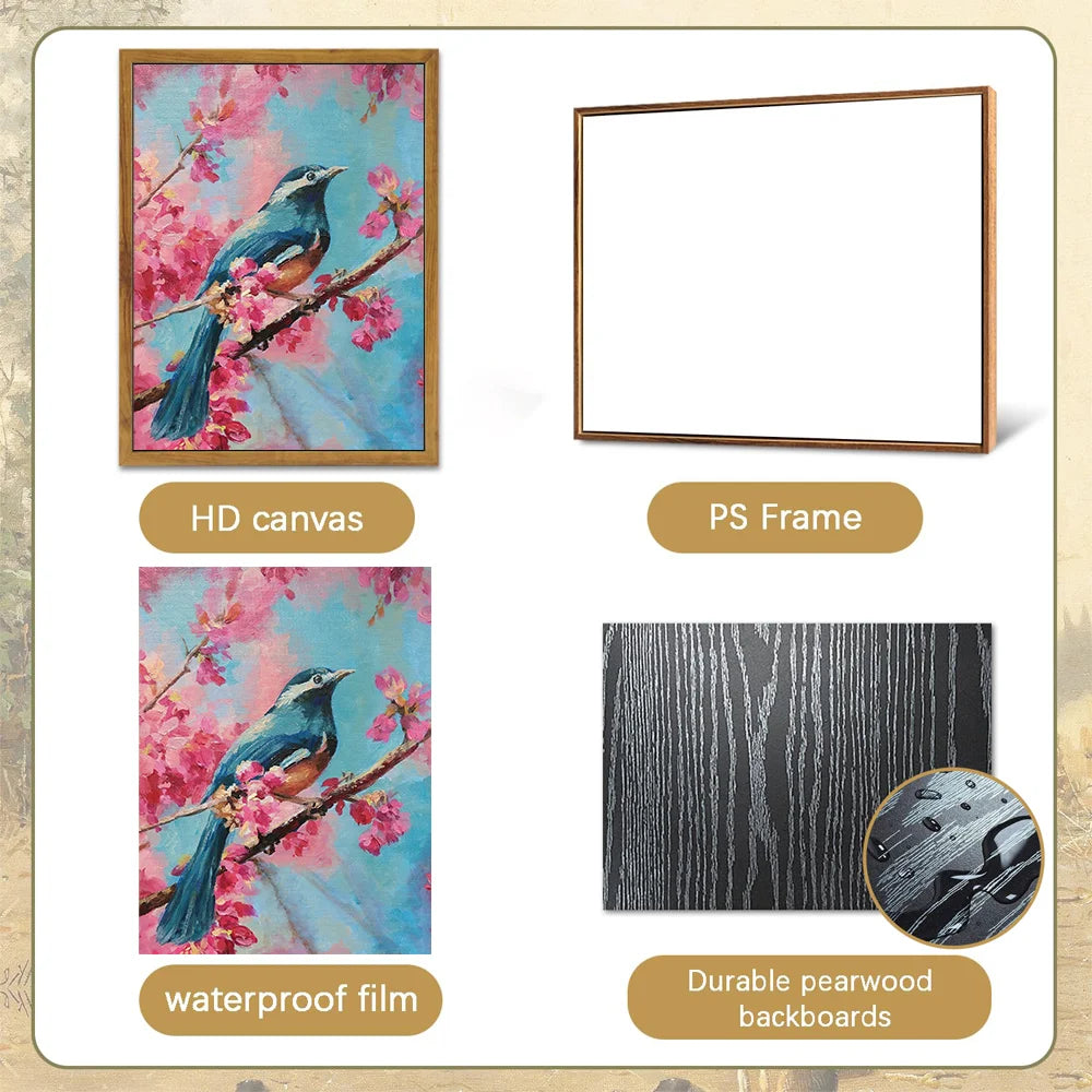 Pink bird decorative wall art on HD canvas with a durable pearl frame and waterproof film