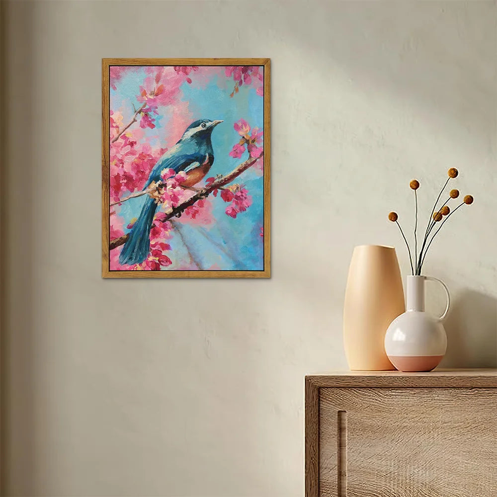 Pink bird decorative wall art featuring a vibrant bird perched among cherry blossoms