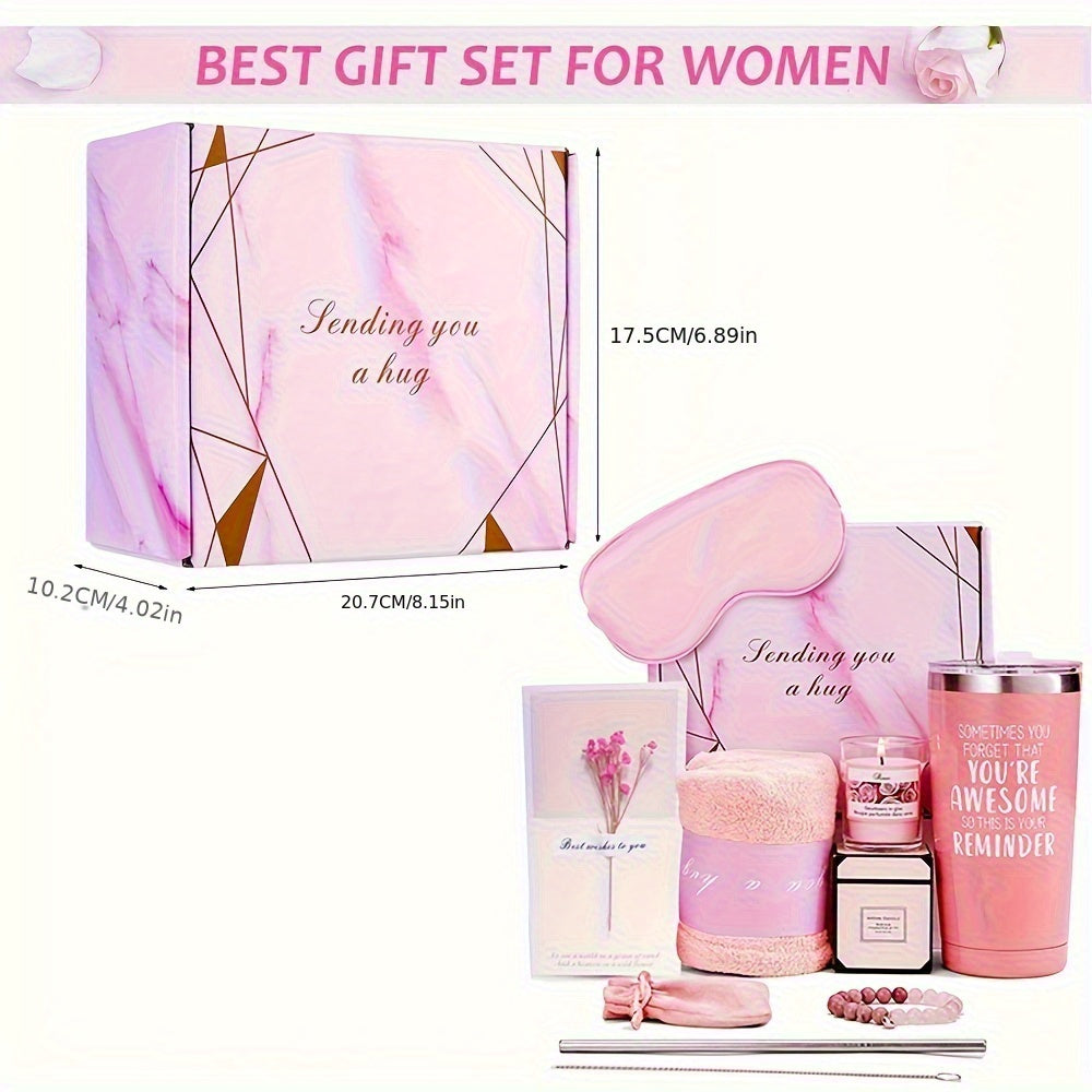 Pink Relaxation Gift Set With Travel Mug featuring cozy items and a heartfelt message for relaxation and self-care