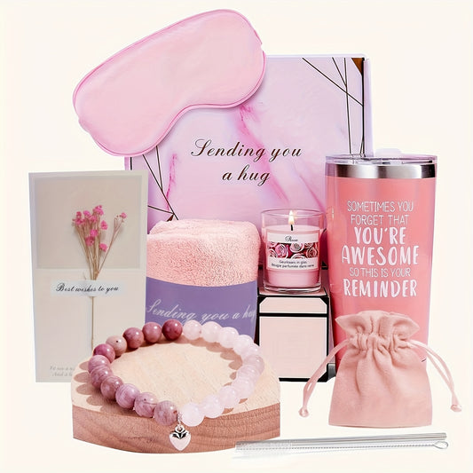 Pink Relaxation Gift Set With Travel Mug including an eye mask, candle, and bracelet for stress relief