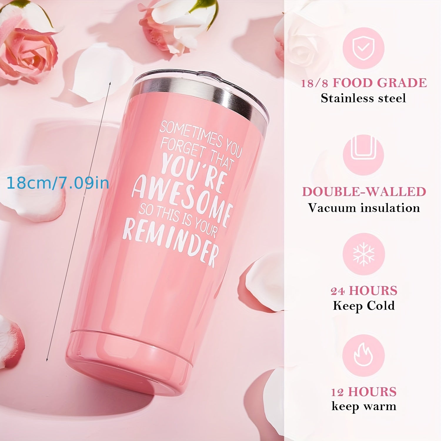 Pink Relaxation Gift Set With Travel Mug featuring stainless steel and vacuum insulation for temperature retention