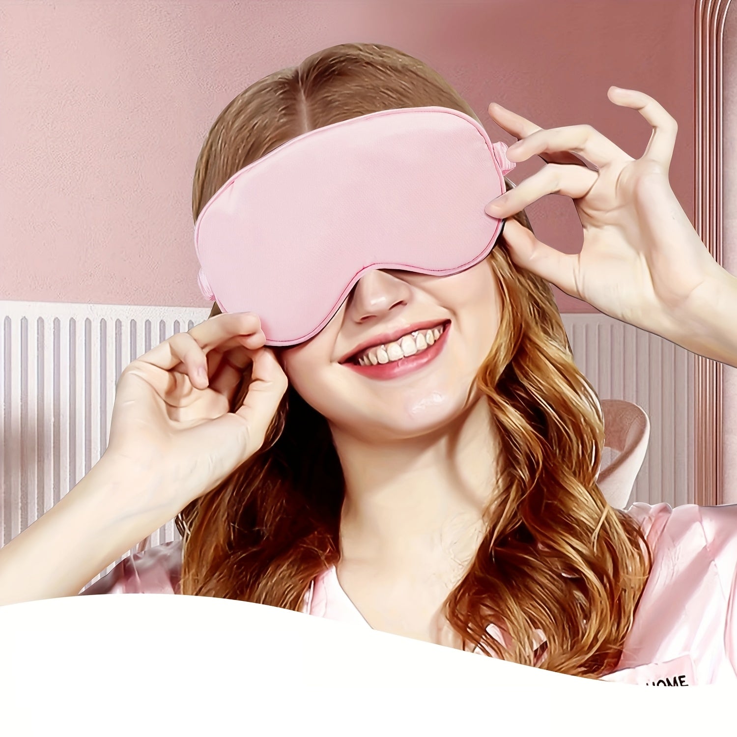 Pink Relaxation Gift Set With Travel Mug featuring a woman wearing a sleep mask and relaxing