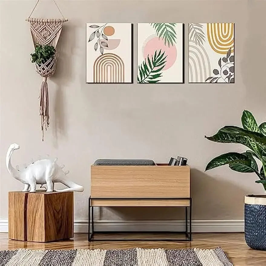 Nutshell plant canvas wall art set featuring modern botanical designs on a stylish living room wall