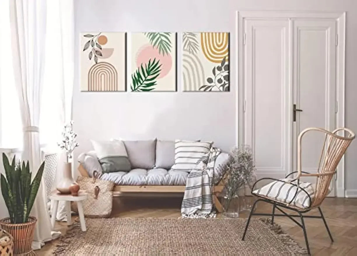 Nutshell plant canvas wall art set featuring vibrant abstract designs in a modern living room