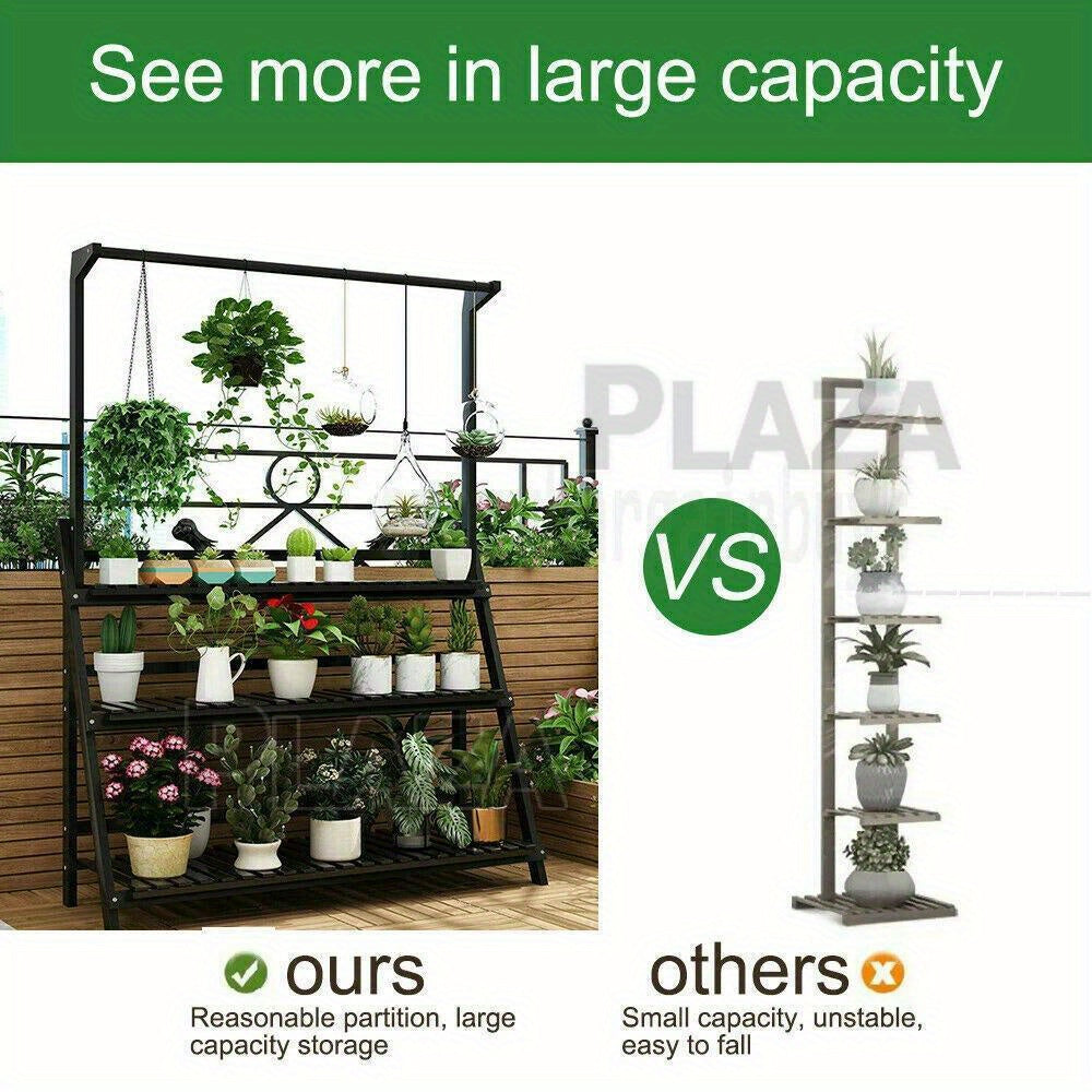 3 Tier Wooden Pot Plant Stand Storage Rack showcasing plants in an outdoor setting with a decorative layout